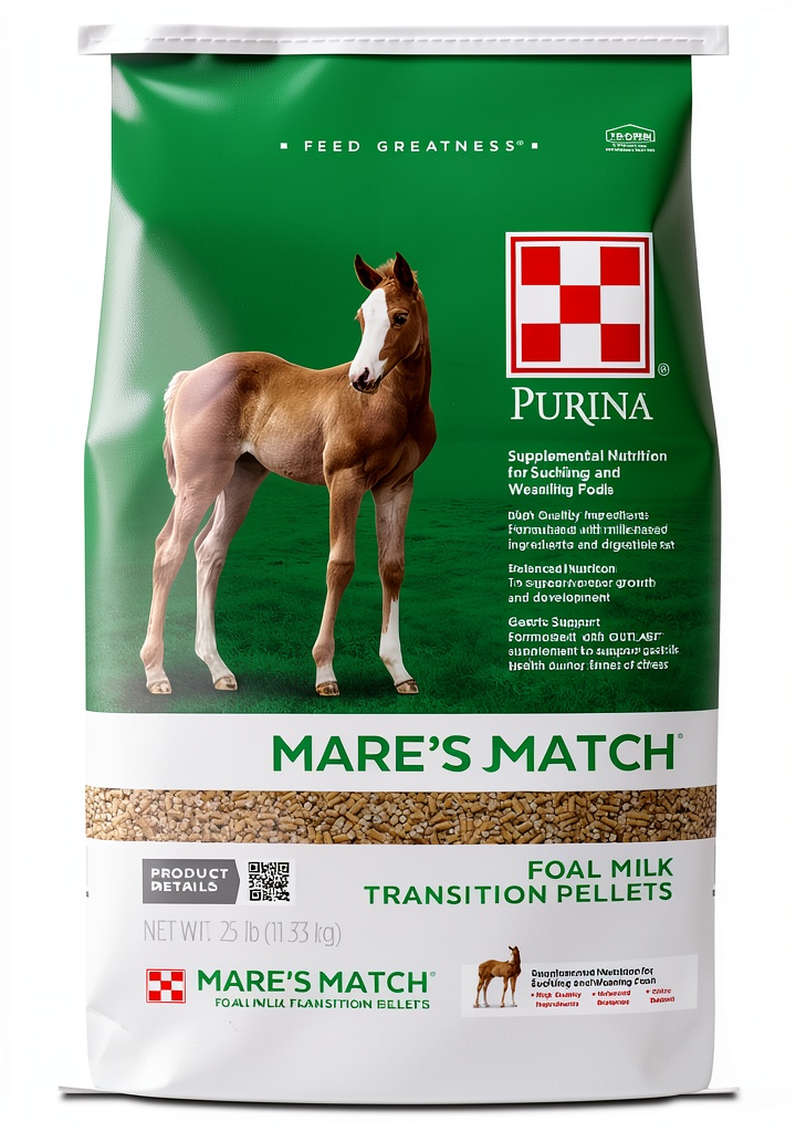 Purina horse food bag displayed in a stable setting