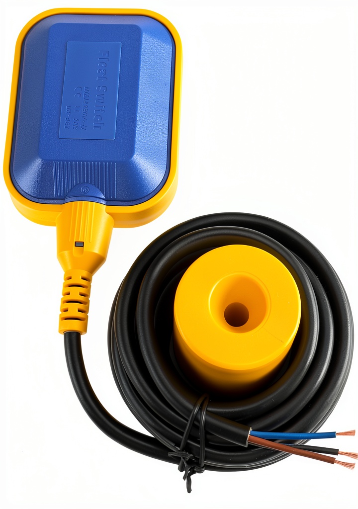 Baomain float switch installed in a water tank with cable and counterweight