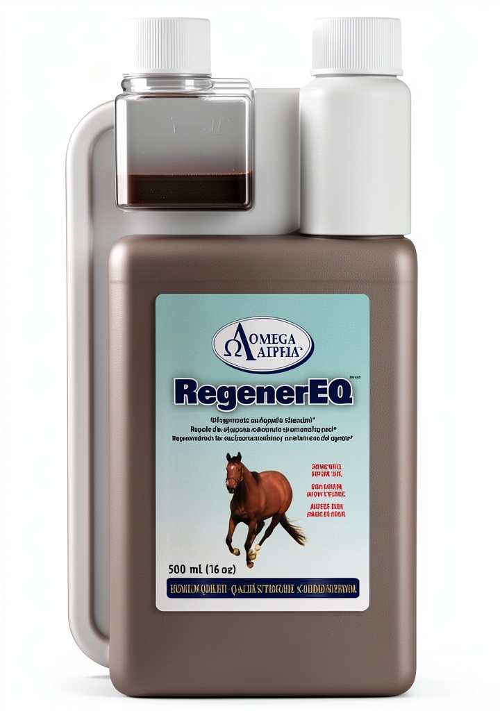 Horse Gastrointestinal Supplement Omega Alpha bottle and measuring scoop on a wooden barn bench