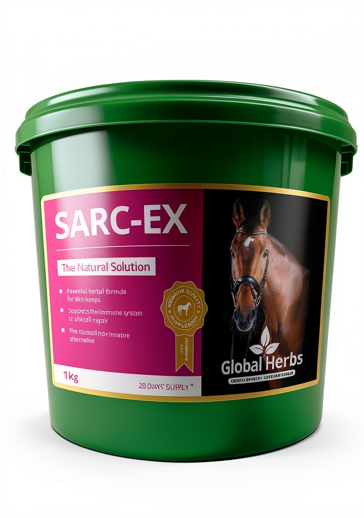 Global Herbs supplement bottle next to horse feed