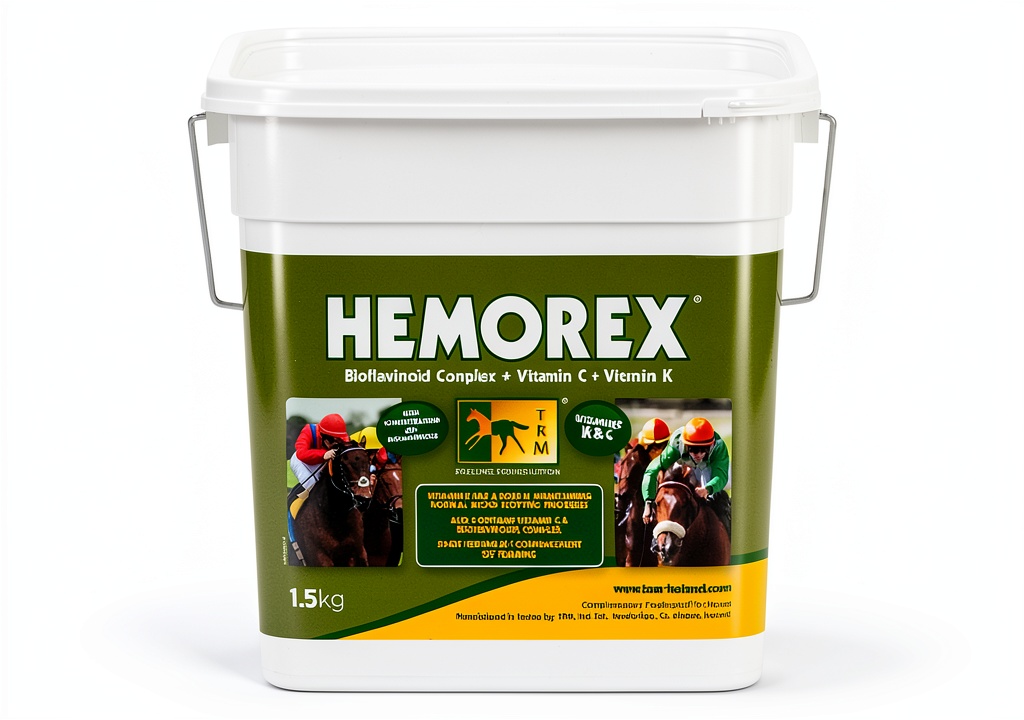 TRM Horse Food Premium Nutrition bag opened on a stable workbench, showing sealed zip‑lock and feeding guide