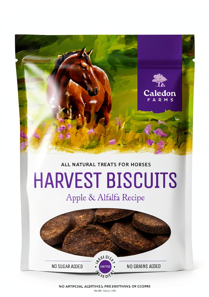 Horse being fed Crump Harvest Biscuits in a stable